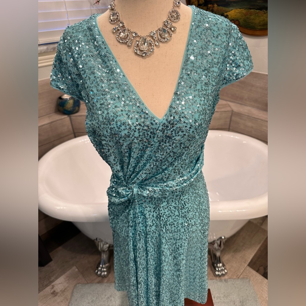 NWT Maggy London Aqua Teal Sequin Asymmetrical Spring Fling Dress 4 - Picture 7 of 12